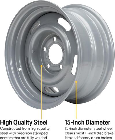 Speedway Motors GM Style 15 x 8 Inch Silver Steel Rally Wheel, 5 on 4.75 Direct-Fit Bolt Pattern, Single, Rear-Wheel Drive Vehicle Only, 4.25" Wheel Backspacing in Saudi Arabia