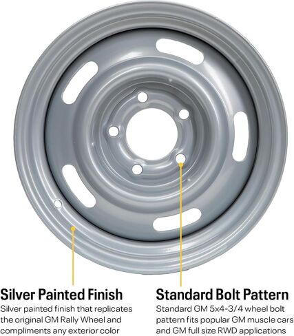 Speedway Motors GM Style 15 x 8 Inch Silver Steel Rally Wheel, 5 on 4.75 Direct-Fit Bolt Pattern, Single, Rear-Wheel Drive Vehicle Only, 4.25" Wheel Backspacing in Saudi Arabia