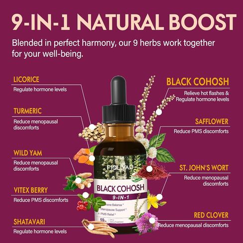 Black Cohosh Root for Women Menopause Support Drops for Hot Flashes & Night Sweats, 9-in- 1 Herbal Extract Supplement Tincture, Blend with Red Clover Shatavari Support PMS Relief. 2oz in Saudi Arabia