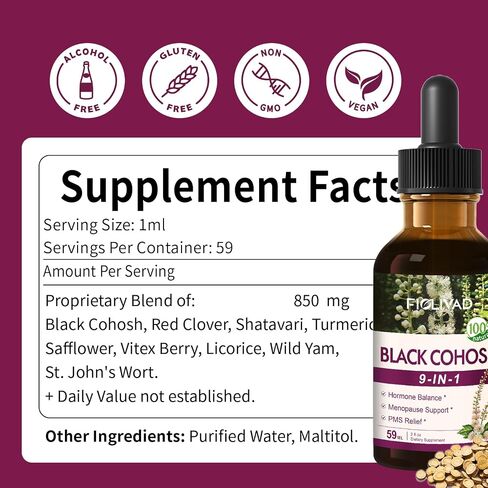 Black Cohosh Root for Women Menopause Support Drops for Hot Flashes & Night Sweats, 9-in- 1 Herbal Extract Supplement Tincture, Blend with Red Clover Shatavari Support PMS Relief. 2oz in Saudi Arabia