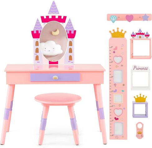 Costzon Kids Full Length Mirror, Princess Floor Free Standing Mirror w/Storage Shelf, 360 Degree Rotatable Oval Dressing Mirror w/Cute Crown Pattern for Little Girls Bedroom, Playroom, Pink in Saudi Arabia