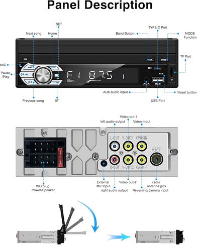 1-Din Flip Touch Screen Car Stereo with 1080P Retractable TFT/LCD Display, FM Radio, USB/SD, MP4/MP5 Player Backup Camera Support. in Kuwait