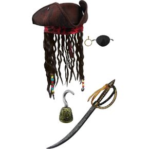 Nicky Bigs Novelties Deluxe Caribbean Pirate Costume Accessory Set Tricorn Hat with Faux Dreads Pirate Sword Hook Eye Patch Gold Earring Halloween Cosplay and Theater Props for Adults in Kuwait