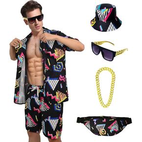 80s 90s Outfit for Men,6 Piece Funny Hawaiian Shirt & Shorts Set Halloween Costumes with Hip-Hop Accessories in Saudi Arabia