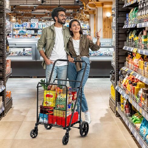 YITAHOME Super Jumbo Folding Shopping Cart Heavy Duty, Rolling Foldable Grocery Cart with Wheels, Portable Collapsible Utility Cart with Double Basket for Shopping Groceries Laundry Storage in Saudi Arabia