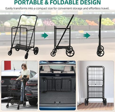 YITAHOME Super Jumbo Folding Shopping Cart Heavy Duty, Rolling Foldable Grocery Cart with Wheels, Portable Collapsible Utility Cart with Double Basket for Shopping Groceries Laundry Storage in Saudi Arabia