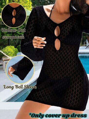 Women's Summer Crochet Swimsuit Cover-up, Boho Long Bell Sleeve Mini Dress, for Beach Vacation in Saudi Arabia