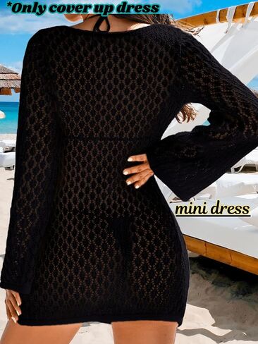Women's Summer Crochet Swimsuit Cover-up, Boho Long Bell Sleeve Mini Dress, for Beach Vacation in Saudi Arabia