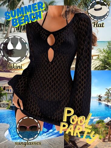 Women's Summer Crochet Swimsuit Cover-up, Boho Long Bell Sleeve Mini Dress, for Beach Vacation in Saudi Arabia