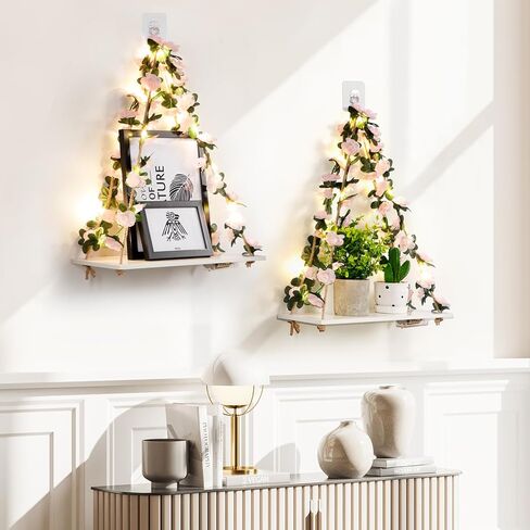 أرفف عائمة للجدار لا حفر ، فنية dcorations الجدار ، رف معلق ، أوراق وشريط فاتح مع زهرة ، مجموعة من 2 ديكور النبات لضابط غرفة نوم المنزل المنزل ، ديكور بوهو ، هدايا للمرأة in Kuwait