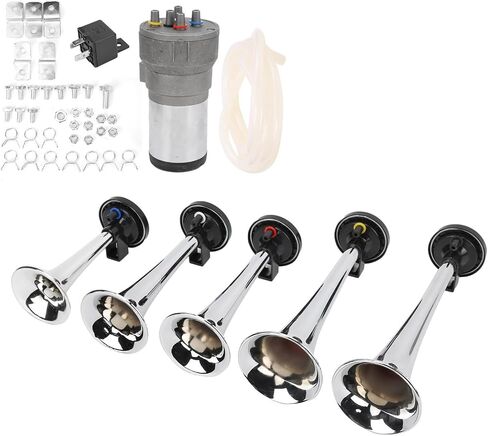 Air Trumpet Set 5 Trumpet 12V Heavy Duty Chrome Musical Air Horn with Compressor Relay Hose for Trucks Trains Ships in Saudi Arabia