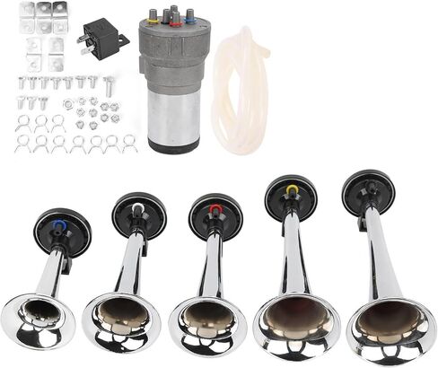 Air Trumpet Set 5 Trumpet 12V Heavy Duty Chrome Musical Air Horn with Compressor Relay Hose for Trucks Trains Ships in Saudi Arabia