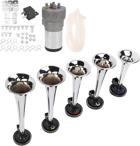 Air Trumpet Set 5 Trumpet 12V Heavy Duty Chrome Musical Air Horn with Compressor Relay Hose for Trucks Trains Ships in Saudi Arabia