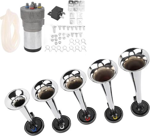 Air Trumpet Set 5 Trumpet 12V Heavy Duty Chrome Musical Air Horn with Compressor Relay Hose for Trucks Trains Ships in Saudi Arabia