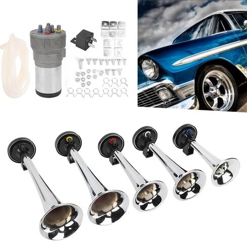Air Trumpet Set 5 Trumpet 12V Heavy Duty Chrome Musical Air Horn with Compressor Relay Hose for Trucks Trains Ships in Saudi Arabia