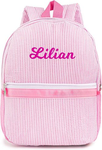 MT World Personalized Toddler Backpack for Girls 5-9 ، حقيبة ظهر Seersucker Daycare مع الاسم ، Preppy Packpacks Kids Bookbag للحصول على هدايا المدرسة اليومية والهدايا (Pink) in Kuwait