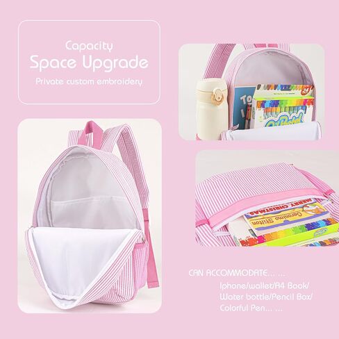 MT World Personalized Toddler Backpack for Girls 5-9 ، حقيبة ظهر Seersucker Daycare مع الاسم ، Preppy Packpacks Kids Bookbag للحصول على هدايا المدرسة اليومية والهدايا (Pink) in Kuwait