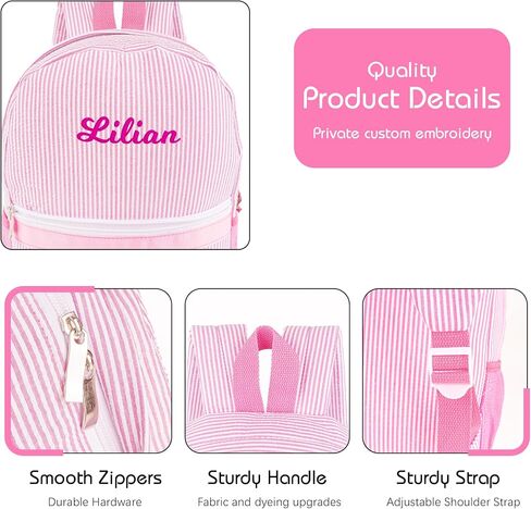MT World Personalized Toddler Backpack for Girls 5-9 ، حقيبة ظهر Seersucker Daycare مع الاسم ، Preppy Packpacks Kids Bookbag للحصول على هدايا المدرسة اليومية والهدايا (Pink) in Kuwait