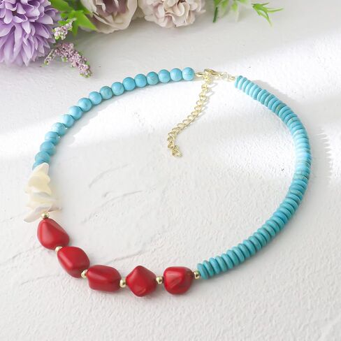 HETICA Turquoise Bead Necklace Suitable for Women Adjustable Bohemian Red Turquoise Shell Necklace Jewelry in Kuwait