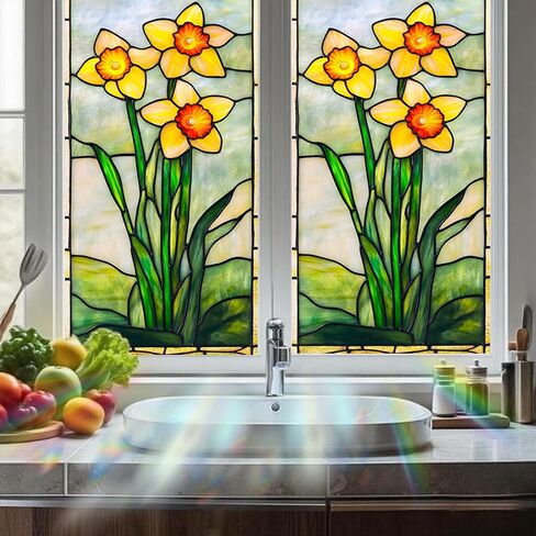 Nuxovilar Stained Glass Daffodil Window Film, 17.7×39.4inch, Fresh Floral Pattern Static Cling for Home & Decor (Sparkle) in Saudi Arabia