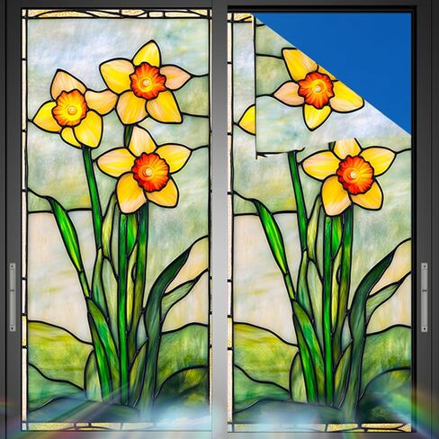 Nuxovilar Stained Glass Daffodil Window Film, 17.7×39.4inch, Fresh Floral Pattern Static Cling for Home & Decor (Sparkle) in Saudi Arabia