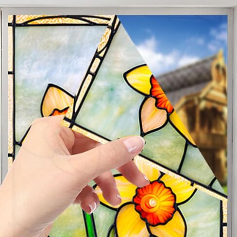 Nuxovilar Stained Glass Daffodil Window Film, 17.7×39.4inch, Fresh Floral Pattern Static Cling for Home & Decor (Sparkle) in Saudi Arabia