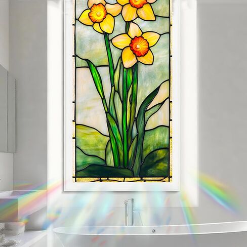 Nuxovilar Stained Glass Daffodil Window Film, 17.7×39.4inch, Fresh Floral Pattern Static Cling for Home & Decor (Sparkle) in Saudi Arabia