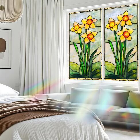 Nuxovilar Stained Glass Daffodil Window Film, 17.7×39.4inch, Fresh Floral Pattern Static Cling for Home & Decor (Sparkle) in Saudi Arabia