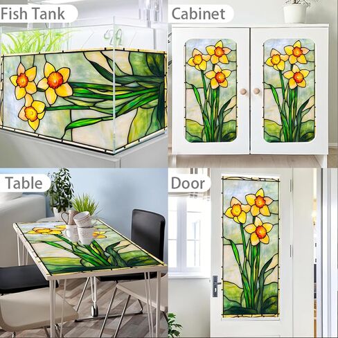 Nuxovilar Stained Glass Daffodil Window Film, 17.7×39.4inch, Fresh Floral Pattern Static Cling for Home & Decor (Sparkle) in Saudi Arabia