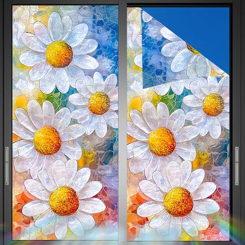 Nuxovilar Stained Glass Daffodil Window Film, 17.7×39.4inch, Fresh Floral Pattern Static Cling for Home & Decor (Sparkle) in Saudi Arabia