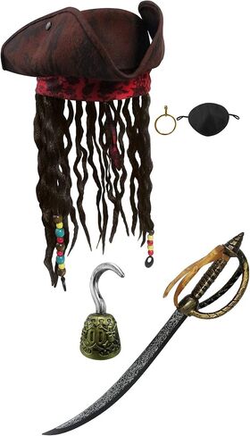 Nicky Bigs Novelties Deluxe Caribbean Pirate Costume Accessory Set Tricorn Hat with Faux Dreads Pirate Sword Hook Eye Patch Gold Earring Halloween Cosplay and Theater Props for Adults in Saudi Arabia