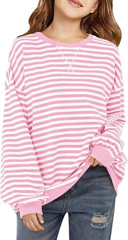 قمصان طويلة الأكمام للفتيات العصرية Crewneck Stripes Tops Teen Teen Girls Edger y2k الربيع من 6-14 سنة in Kuwait