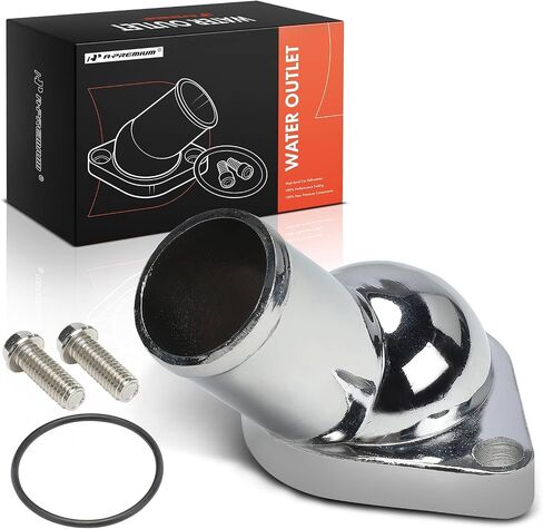 A-Premium Chrome Aluminium 45 ° Water Neck/Thermostat Housing متوافق مع Chevy Malibu ، Impala ، Camaro ، Caprice ، Chevelle ، Suburban ، Corvette ، مع P-Ring و 2 مسامير ، 4.3L 5.3L 5.7L 6.5L 7.4L 7.4L 7.4L 7.4L in Kuwait