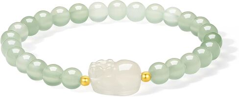 18K Gold Bracelets Chalcedony Beaded Bracelet Pixiu Charm Bracelet Natural Round White/Pink/Green Chalcedony Red Agate Gemstone Stretch Bracelets Healing Bracelet for Women Mom Lover in Saudi Arabia