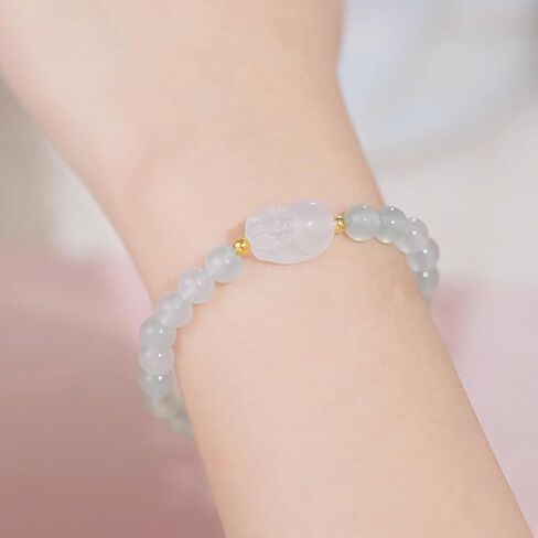 18K Gold Bracelets Chalcedony Beaded Bracelet Pixiu Charm Bracelet Natural Round White/Pink/Green Chalcedony Red Agate Gemstone Stretch Bracelets Healing Bracelet for Women Mom Lover in Saudi Arabia