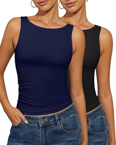 2 Pack Women Tank Tops Boat Neck Slim Fit Tops Open Back Crop Shirts Sleeveless Padded Summer Going Out Basic in Saudi Arabia