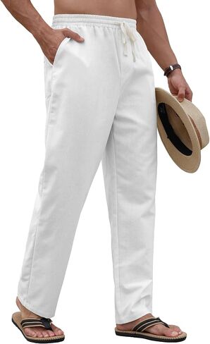 PLEPAN Men's Linen Pants Elastic Waist Drawstring Casual Summer Beach Lightweight Yoga Trousers Loose Fit in Saudi Arabia