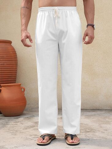 PLEPAN Men's Linen Pants Elastic Waist Drawstring Casual Summer Beach Lightweight Yoga Trousers Loose Fit in Saudi Arabia