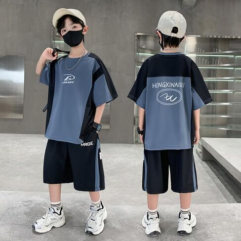 Boys summer moisture wicking sports two-piece set, loose and comfortable slim fit sports t-shirt and running shorts set in Saudi Arabia