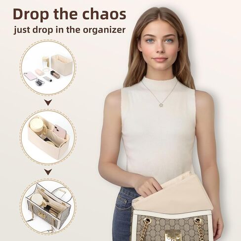 19Neat Thin Silky Purse Organizer Insert, Waterproof Nylon Surface and Satin Lining, Fits Neverfull Speedy L.ongchamp and More(Mini,Beige) in Kuwait