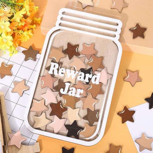 Thanksgiving Wooden Reward Jar Autumn Star Wood Cutouts with Magnetic Sticker Fall Positive Incentive Behavior Chart with Base for Student Teacher Home Classroom Management, 39Pcs in Saudi Arabia