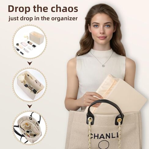 19Neat Thin Silky Purse Organizer Insert, Waterproof Nylon Surface and Satin Lining, Fits Neverfull Speedy L.ongchamp and More(Mini,Beige) in Kuwait