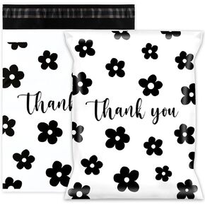 Whaline 100Pcs Thank You Poly Mailer 10 x 13 Inch Flower Tear-Resistant Mailing Bags with Self-Seal White Black Deliver Envelopes Waterproof Plastic Packaging Bags for Small Business Packing Moving
