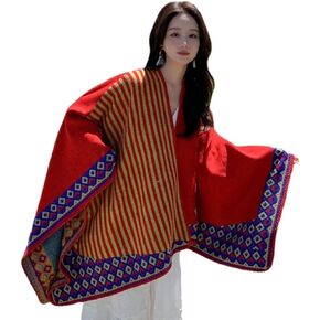 Chinese Ethnic Style Shawl, Women's Large Pashmina Shawl, Women's Striped Diamond Checkered Color Matching Scarf Shawl