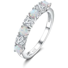 925 Sterling Silver Birthstone Rings for Women Created Gemstone Half Eternity Band 7 Stone Wedding Band Birthstone Jewelry Size 6-10 (with Gift Box)