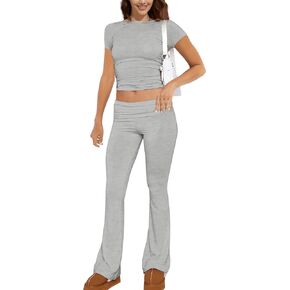 GTETKDE Women's 2 Piece Lounge Sets Casual Y2K Outfits Short Sleeve Crop Top Fold-over Flare Pants Set Tracksuits