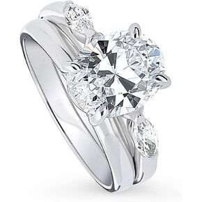 BERRICLE Sterling Silver 3-Stone Wedding Engagement Rings Oval Cut Cubic Zirconia CZ Ring Set for Women, Rhodium Plated Size 4-10