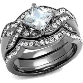 2.2 Carat Princess Cut Cubic Zirconia Light Black Stainless Steel Women's Wedding Ring Set