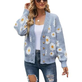 Women's Floral Cardigan Sweater Knitted Long Sleeve Sweater Botton Front Loose Cardigan Coat in Kuwait