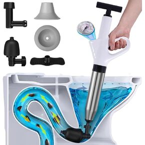 Stainless Steel Toilet Plunger, Air Drain Blaster, High Pressure Drain Blaster Gun with Visual Barometer, Toilet Plungers for Sink, Toilets, Bathroom, Kitchen, Clogged Pipe